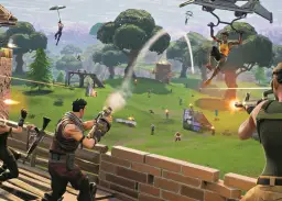 Gracze Fortnite, stworzonego przez Epic Games, walczą na zielonej wyspie. Jedna postać spada na spadochronie, inni strzelają.