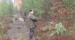 Myśliwi w lesie, jeden z nich z bronią, idą ścieżką. Czy myśliwi mogą chodzić po cudzym polu? To pytanie nurtuje wielu.