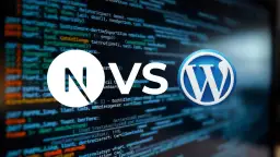 Porównanie: logo Next.js vs WordPress na tle kodu. Który CMS czy HTML wybrać?