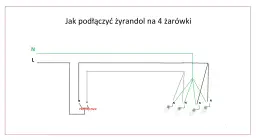 Schemat pokazuje, jak podłączyć żyrandol na 4 żarówki. Linie L i N łączą się ze przełącznikiem, a następnie z żarówkami.