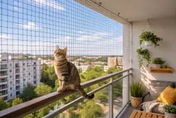 Kot na balkonie, zabezpieczonym siatką, cieszy się widokiem. To idealne meble dla kota na balkon, zapewniające mu bezpieczeństwo i przestrzeń do obserwacji.