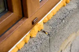 Pianka montażowa wokół okna, która może być rozpuszczona przez rozpuszczalnik.