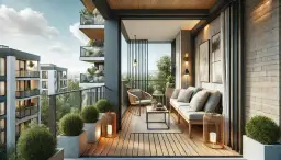 Przytulny balkon z meblami i roślinami. Widać, jak zawiesić lampki na balkonie, tworząc nastrojowe oświetlenie.