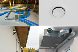 Instalacja rekuperacji z klimatyzacją: przewody w poddaszu, nawiewnik sufitowy, czerpnie/wyrzutnie ścienne i centrala wentylacyjna.