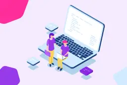 Dwie osoby pracują przy laptopie, tworząc linki zwrotne. W tle kolorowe kształty i klocki.