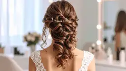 Elegancka fryzura na wesele dla włosów średnich, jako gość. Warkocz z lokami i perłową ozdobą.