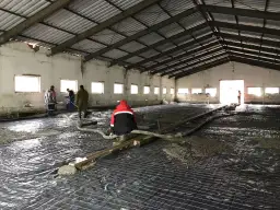 Pracownicy wylewają beton na zbrojenie wewnątrz hali.