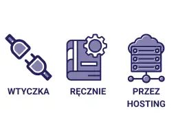 Ikony: wtyczka, książka z kołem zębatym, serwer w chmurze. Ilustrują, jak przenieść stronę WordPress na inny serwer.