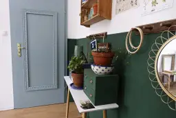 Ozdobne drzwi z okleiny, zielona ściana, rośliny i lustro. Jak pomalować drzwi z okleiny?
