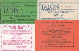 Trzy różne talony upoważniające do zakupu surowców wtórnych lub towarów przemysłowych o wartości 50, 100 i 500 zł.
