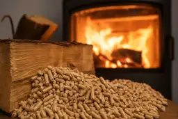 Piec z płonącym ogniem i sterta pelletu obok drewna. Czy kominek na pellet się opłaca?