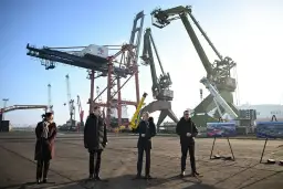 Ludzie stojący przed dźwigami portowymi w Gdańsku.