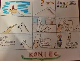 Rysunkowy komiks z dymkami, przedstawiający sceny z psami i ludźmi.