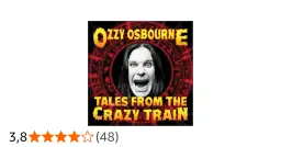 Ozzy Osbourne z otwartymi ustami na tle czerwonego okręgu z symbolami i napisem "Tales from the Crazy Train".