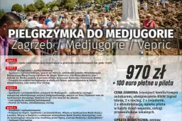 Grupa pielgrzymów przed pomnikiem Matki Bożej w Medziugorie, z ceną 970 zł.