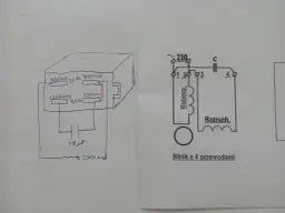 Schemat podłączenia silnika jednofazowego z kondensatorem 28 µF do sieci 230V. Pokazuje uzwojenia robocze i rozruchowe.
