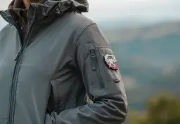 Szara kurtka z naszywką, idealna do zastosowania impregnatu do kurtek przeciwdeszczowych. Wygoda i ochrona w każdych warunkach.
