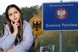 Zastanawiasz się, ile alkoholu można przewieźć z Niemiec do Polski? Młoda kobieta przy granicy z tablicami obu krajów.