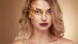 Fotografia beauty: blondynka z niebieskimi oczami, makijażem inspirowanym naturą i ozdobami z suszonych kwiatów na twarzy.
