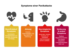 Grafik mit vier Symbolen: Herz, Person mit Atemmaske, Kopf mit Blitz, Magen. Darunter vier farbige Felder mit Symptomen.