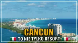 Cancun: czy w Cancun jest bezpiecznie? Widok na wybrzeże z hotelami i turkusową wodą. Napis "CANCUN TO NIE TYLKO RESORT".