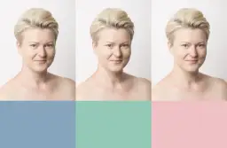 Trzy portrety kobiety z jasnymi włosami, uśmiechniętej. Tło podzielone na trzy pastelowe kolory: niebieski, zielony i różowy. Idealne na jasne lato.
