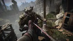 Krwawa walka z potworem w ruinach. Gracz w "Dark Messiah of Might & Magic" walczy mieczem, zadając śmiertelne ciosy.