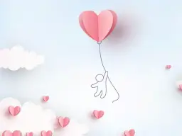 Rocznica poznania się cytaty: mała postać unosi się na różowym sercu-balonie wśród chmur i serduszek.