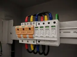 Ograniczniki przepięć w domu jednorodzinnym chronią instalację elektryczną. Widoczne są bezpieczniki i moduły ochronne.