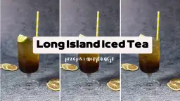 Trzy identyczne drinki Long Island Iced Tea z cytryną i żółtą słomką, na tle szarej powierzchni.