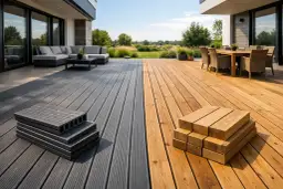 Nowoczesny taras z deski kompozytowej i drewna. Po lewej szara kompozytowa deska, po prawej złociste drewno. Meble wypoczynkowe i stół z krzesłami.