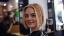 Uśmiechnięta blondynka z klasycznym bobem, który świetnie podkreśla jej owalną twarz.