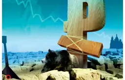 Symbol rubla, niedźwiedź, balalajka i cerkiew na tle wykresu giełdowego.