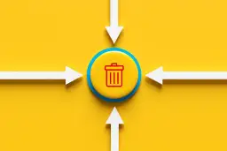 Ikony kosza na śmieci na żółtym tle, otoczone białymi strzałkami wskazującymi na nią. Symbolizuje to, jak wyłączyć Marketplace Facebook.