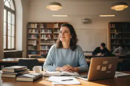 Kobieta w bibliotece studiuje, planując, jak zdobyć uprawnienia pedagogiczne. Na biurku książki, laptop i notatki.