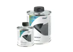 Dwa opakowania kleju do folii Oase. Mniejsza puszka zawiera 250 ml produktu, większa jest nieoznaczona objętościowo.
