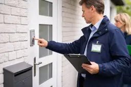 Mężczyzna w granatowej kurtce z identyfikatorem dzwoni do drzwi, trzymając teczkę. Czy ZUS kontroluje w weekend?