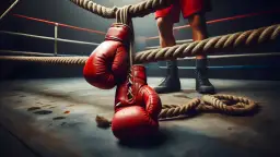 Czerwone rękawice bokserskie wiszące na linie ringu, w tle bokser w spodenkach i butach.