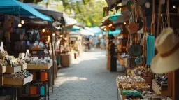 Targ w Budapeszcie, gdzie kupić pamiątki: kolorowe stoiska z torebkami, biżuterią i kapeluszami.