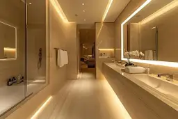 Nowoczesna łazienka z kamiennymi płytkami, oświetlona ciepłą taśmą LED. Widać prysznic, długą umywalkę i lustro. Idealne miejsce, by zastanowić się, jaka taśma LED do łazienki sprawdzi się najlepiej.