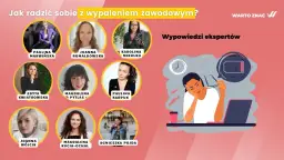 Kolaż zdjęć ekspertek i ilustracja wyczerpanej osoby przy laptopie z ikoną baterii.