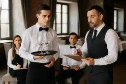 Szkolenie kelnerskie: młody kelner z kieliszkami, instruktor notuje. Dowiedz się, ile kosztuje kurs kelnerski i zacznij karierę.