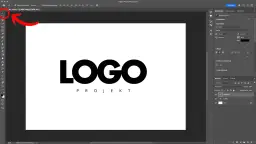 Jak zrobic logo w Photoshop: widok interfejsu programu z panelem warstw i narzędziami, gotowe logo "LOGO PROJEKT".