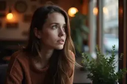 Młoda kobieta w brązowym swetrze patrzy zamyślona przez okno.