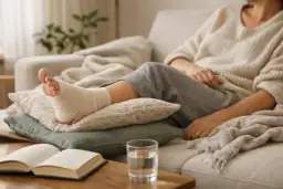 Osoba z zabandażowaną stopą leży na kanapie, z nogą opartą na poduszkach.