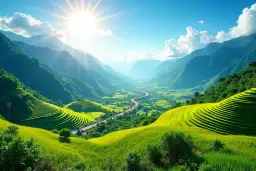 Zielone tarasowe pola ryżowe w dolinie, góry i droga wijąca się w słońcu. Idealny widok, kiedy najlepiej do Wietnamu.