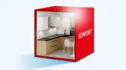 Nowoczesna kuchnia w czerwonym pudełku. Projekt oświetlenia podkreśla funkcjonalność i komfort.