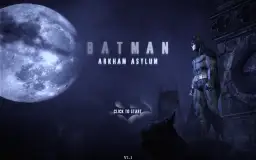 Batman Arkham Asylum spolszczenie. Mroczna noc, wielki księżyc i Batman na dachu. Kliknij, by rozpocząć.
