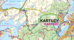 Fragment mapy turystycznej przedstawiający jeziora i miejscowości w **Kaszubskim Parku Krajobrazowym**, w tym Kartuzy.