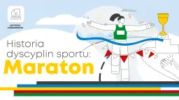 Ilustracja przedstawia biegaczkę przekraczającą metę, symbolizującą legendę o biegu maratońskim.